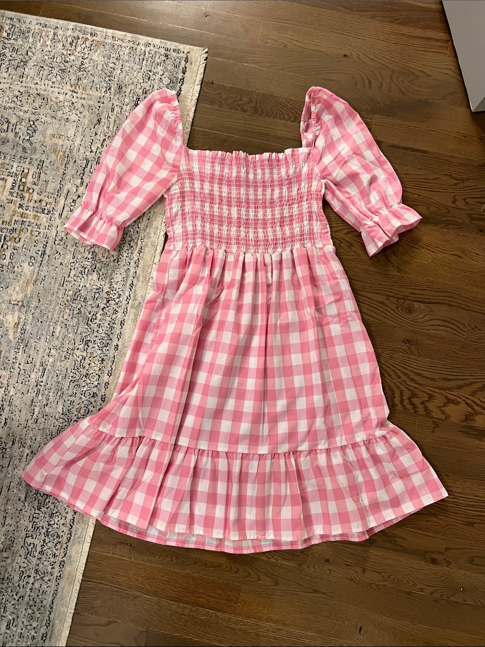Pink Gingham Smocked Puff-Sleeve Midi Dress